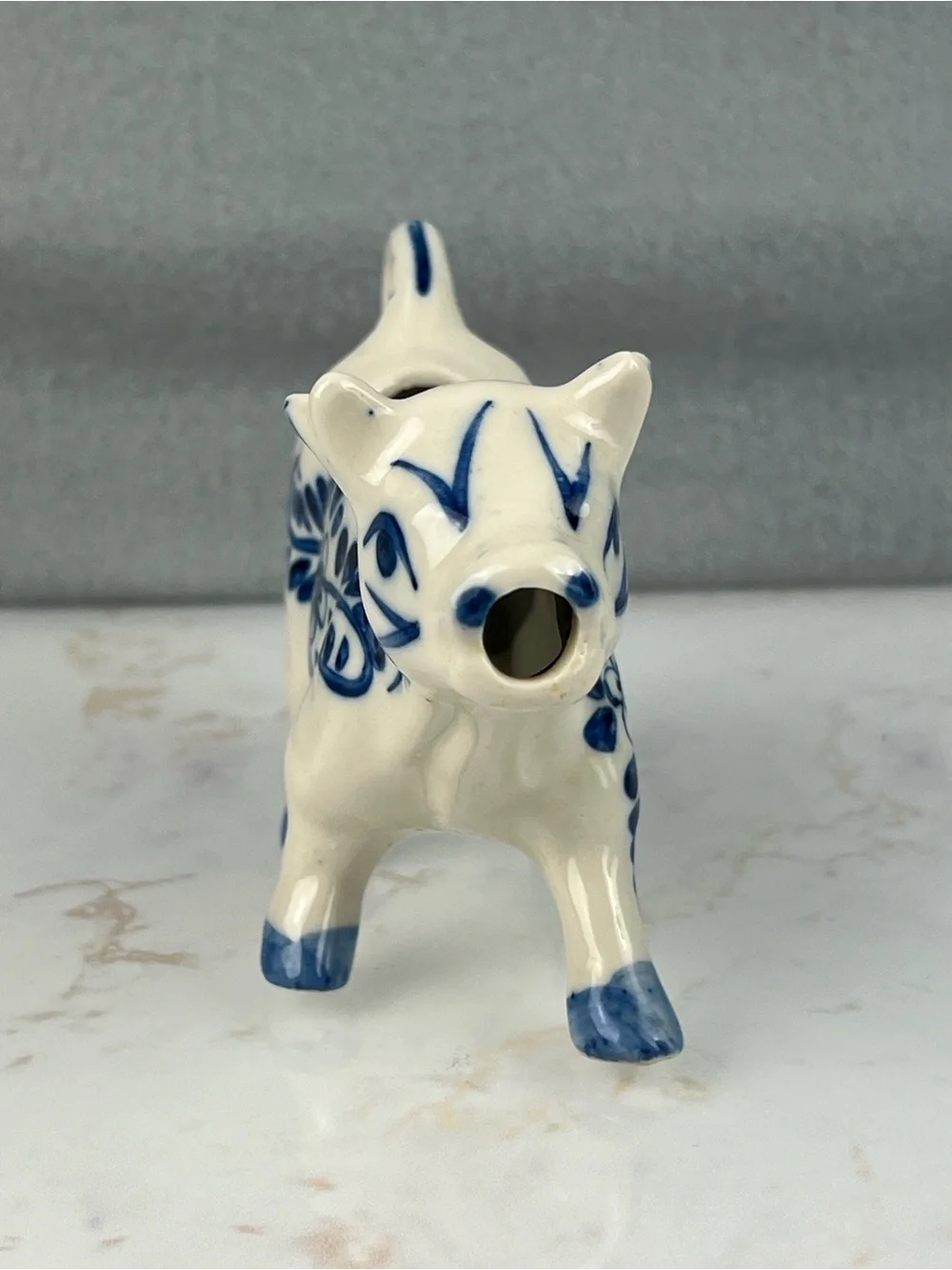Vintage HandPainted Delft Blue White Porcelain Cow Creamer Windmill Handheld